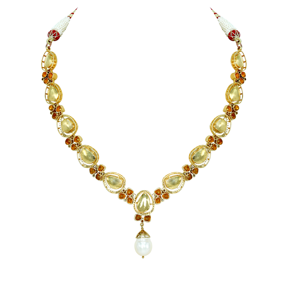 Teardrop Polki Necklace with Diamonds and Pearl Drop
